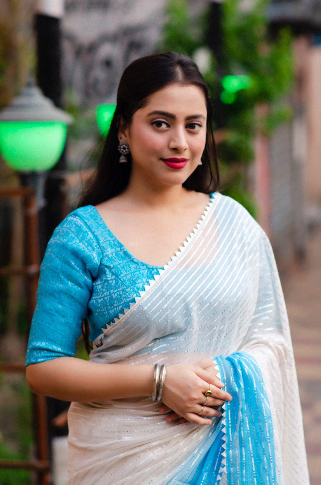 Blue Poly Chiffon Striped Saree with Unstitched Blouse - Hiral Fashion | Swadesiicart
