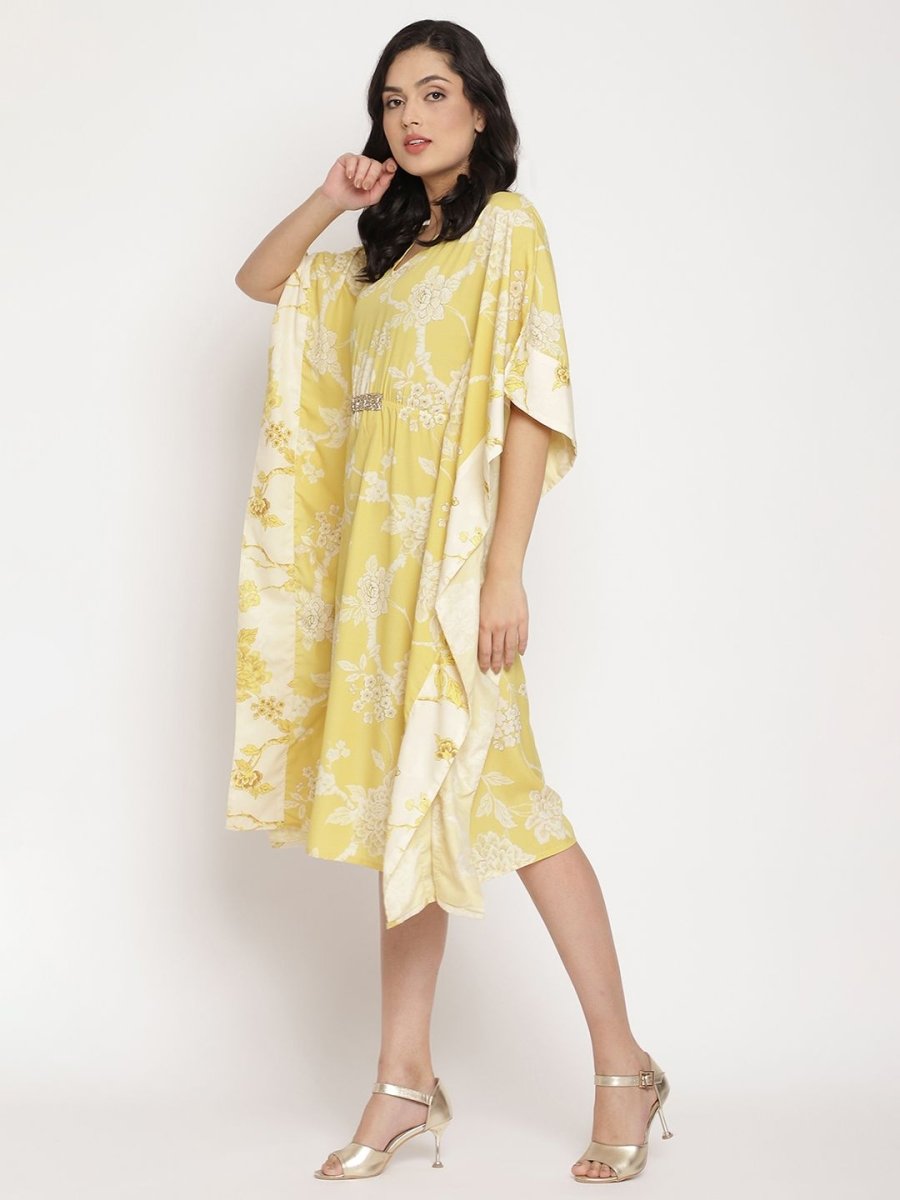 Ahalyaa Women Lime Green & Off White Floral Printed Flared Sleeves Floral Kaftan Kurta | Swadesiicart