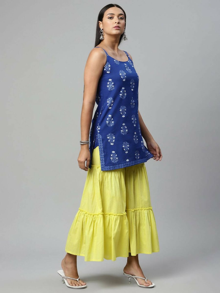 Ahalyaa Womens Royal Blue Pure Cotton Printed Tunic Sharara Set | Swadesiicart