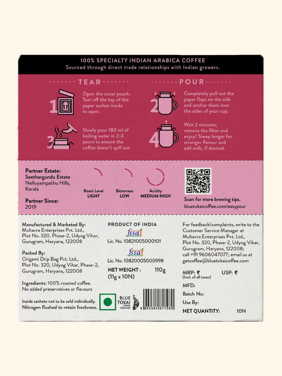 Blue Tokai Seethargundu Estate Light Roast Easy Pour Sachets - Swadesiicart