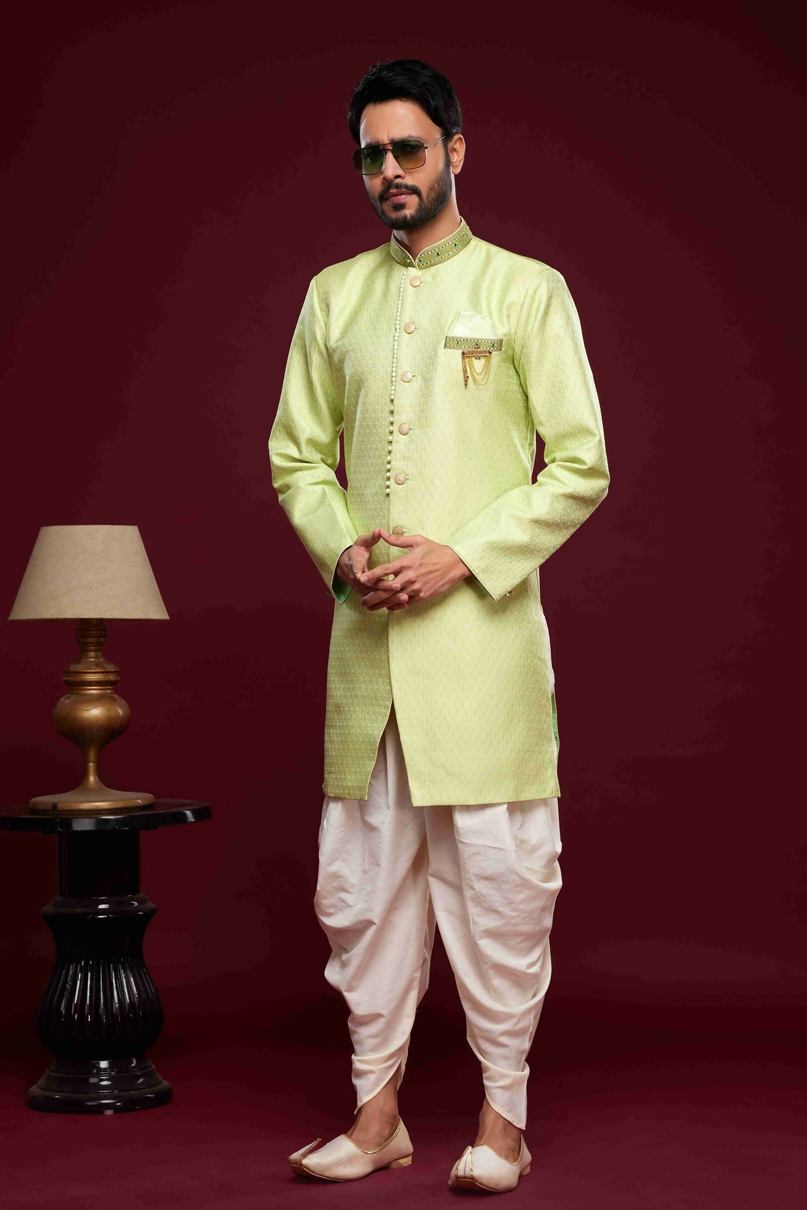 Raivat Ethnic Banarasi Jacquard Embroidery Semi Indo Western Sherwani In Pista Green Colour | Swadesiicart
