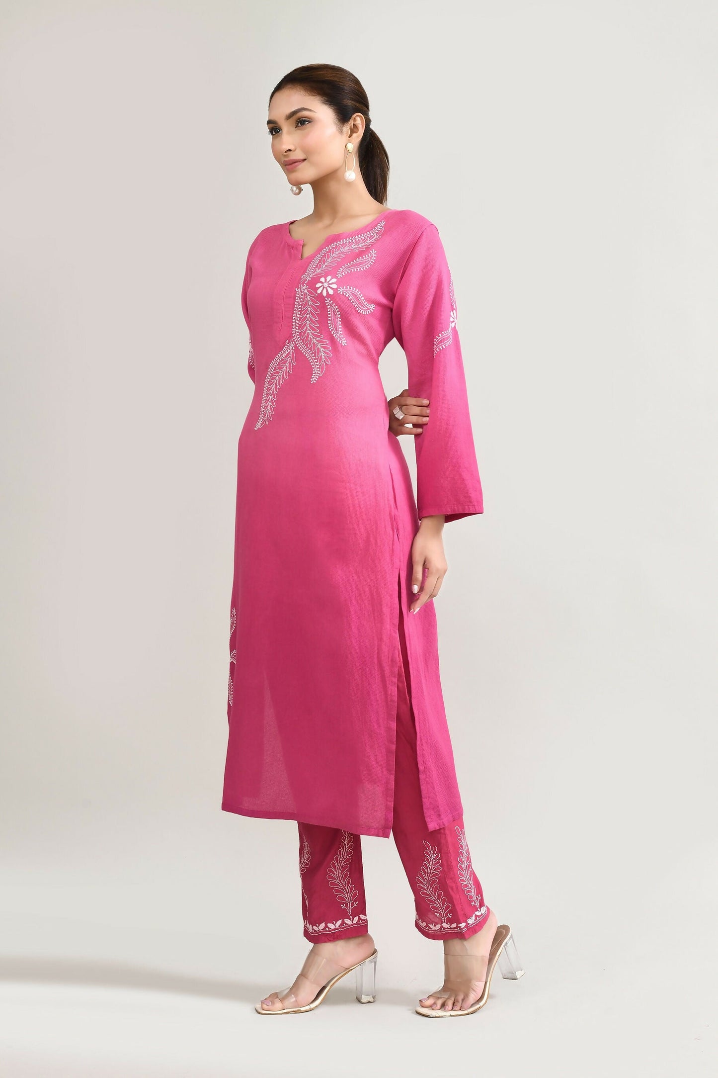 Joban Fashion Womens Cotton ChikanKari pink Kurta set - Swadesiicart