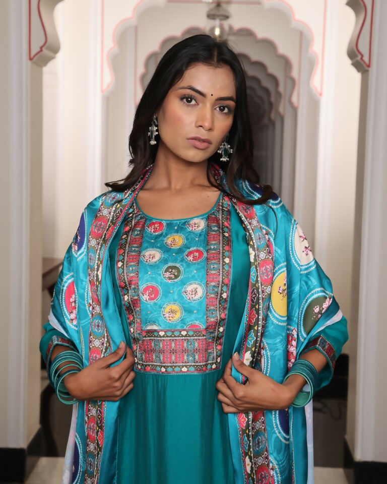 Jyoti Fashion Women's Teal Viscos Simmer Hand Work with Floral Printed Kurta Set | Swadesiicart