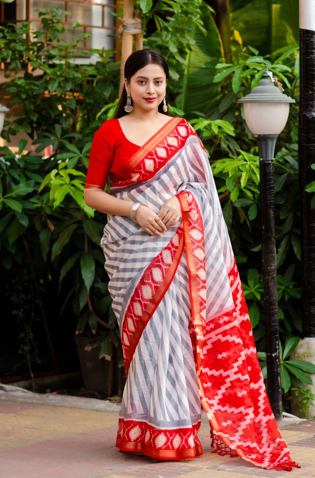 Grey Polycotton Ethnic Motifs Saree with Unstitched Blouse - Hiral Fashion | Swadesiicart