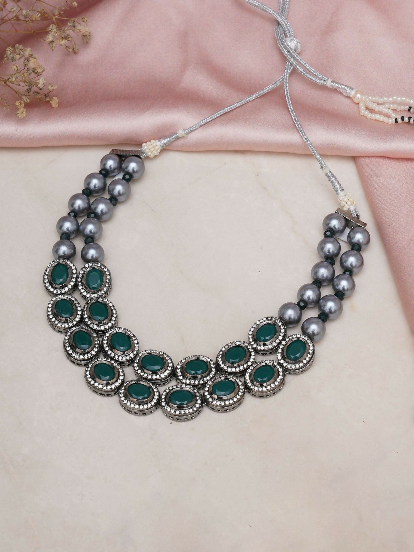 Green Stone Kundan Neckpiece with Grey Stones (Grey) - Ruby Raang | Swadesiicart