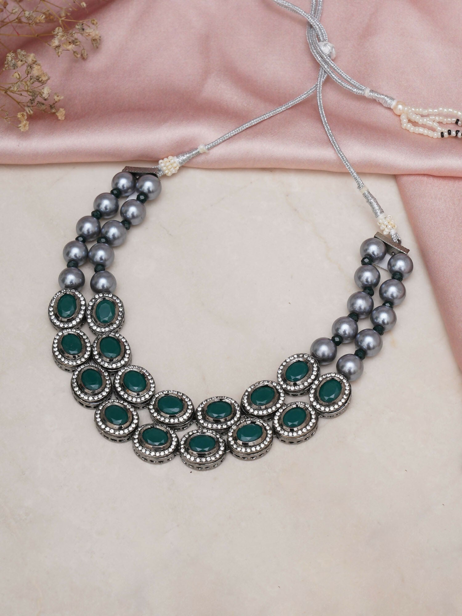 Green Stone Kundan Neckpiece with Grey Stones (Grey) - Ruby Raang | Swadesiicart