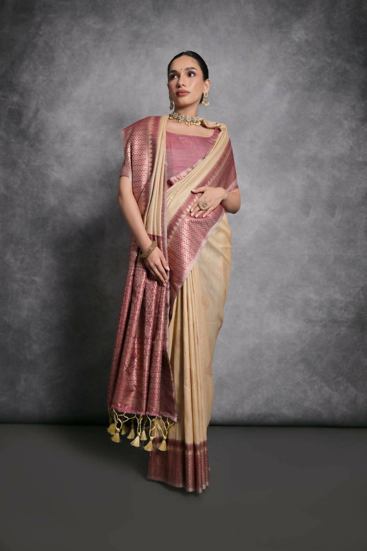 Vishnu Weaves Women's Chiku Tussar Silk Zari Woven Saree with Blouse - Swadesiicart