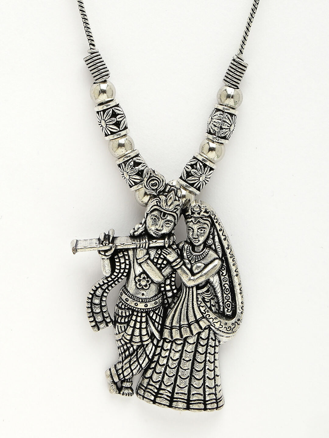 NVR Women's Silver-Toned Radha Krishna Pendant with Chain | Swadesiicart