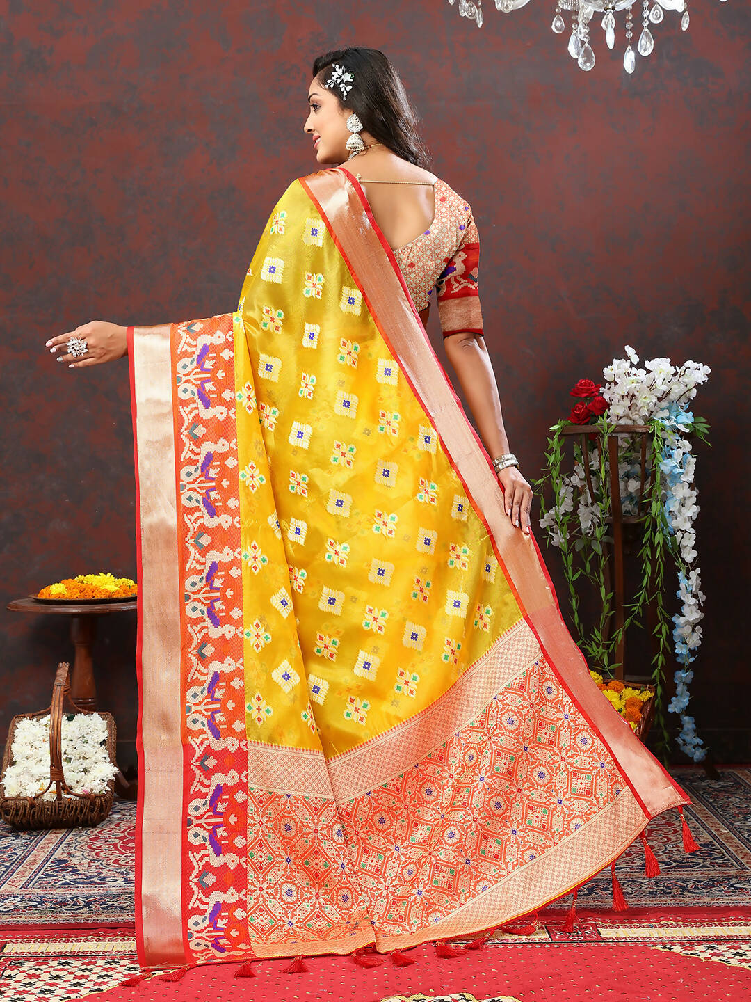 Lorenvalley Fashion Yellow Organza Silk Woven Design with Meenakari Weaving Saree - Swadesiicart