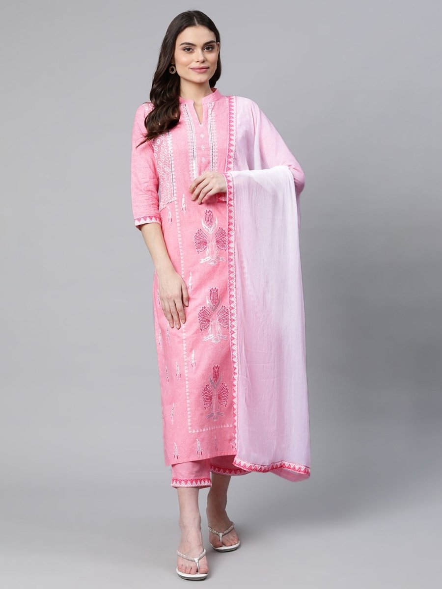 Ahalyaa Women Light Pink Colour Pure Cotton Printed Kurta Pant Set With Dupatta | Swadesiicart