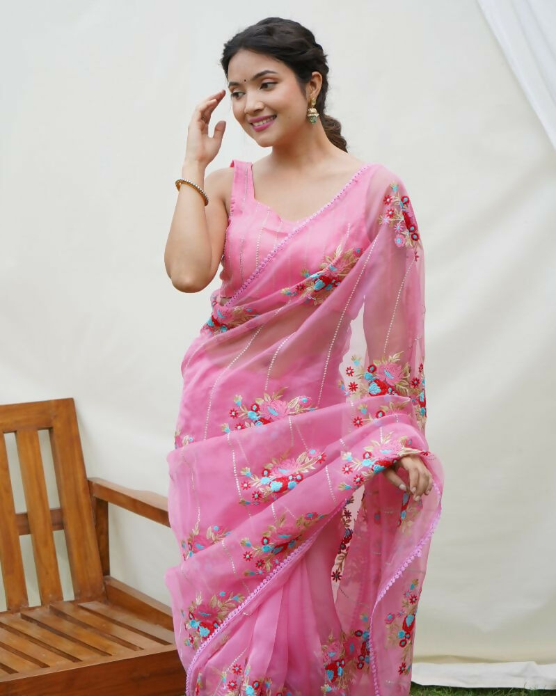 Vamsee Anamika Pink Organza Silk Saree - Swadesiicart