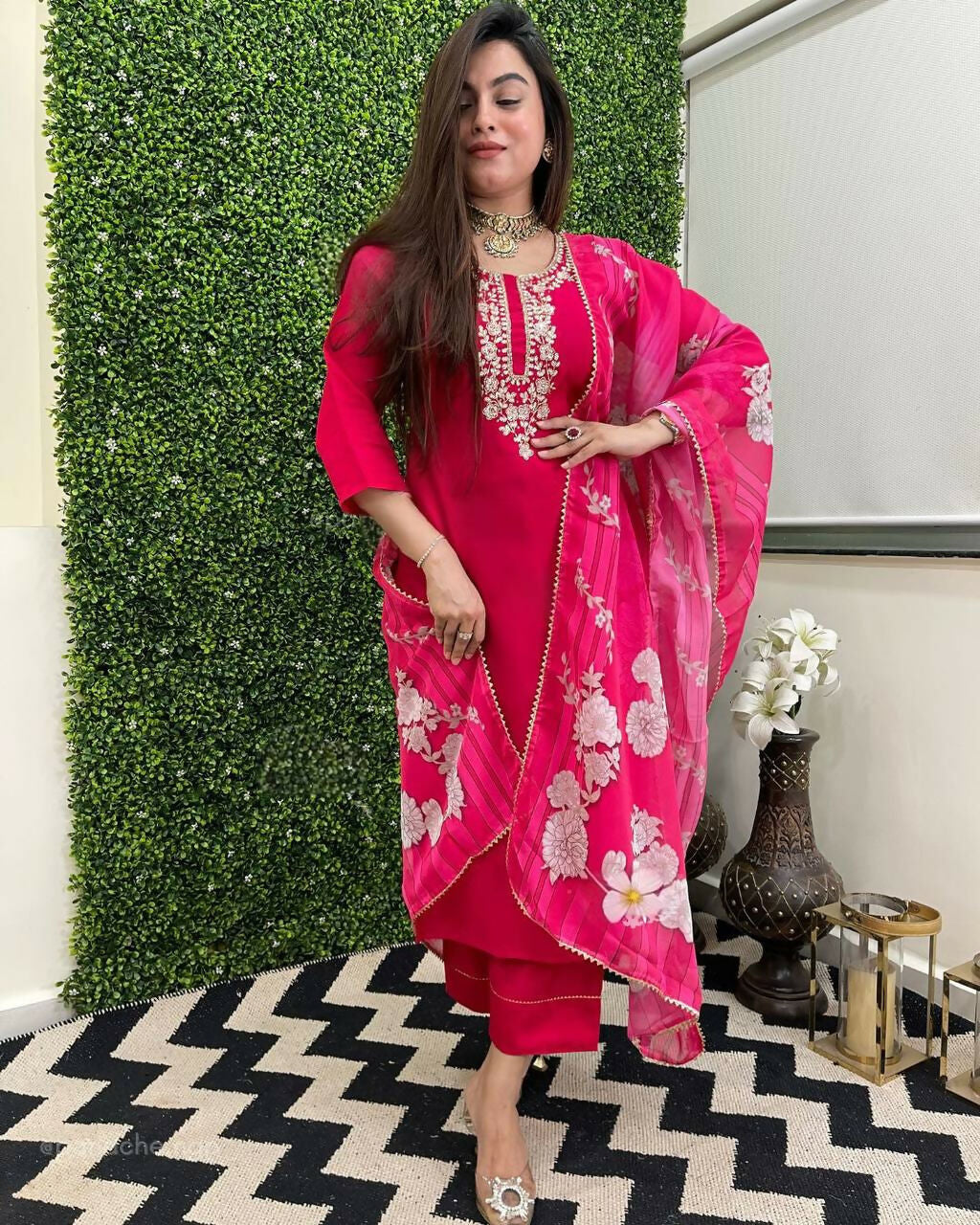 The52 Rani Women's Beautiful Viscose Chanderi Fabric Embroidered Work Straight Kurta Pant and Dupatta Set - Swadesiicart