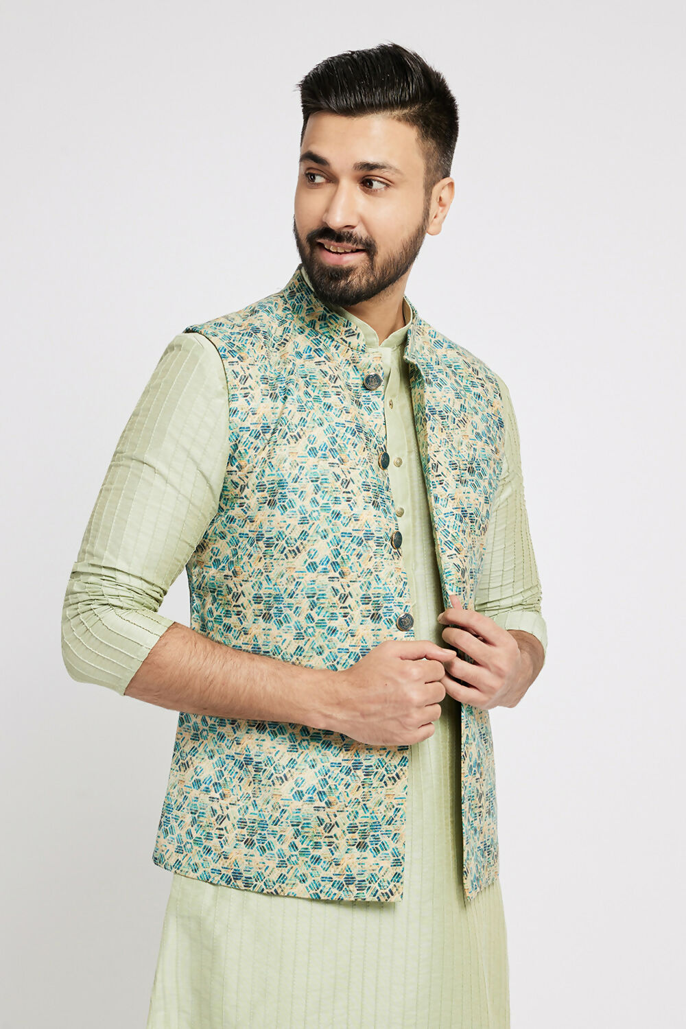 Ethnic India Blue Bundi Men's Jacket Geometric Polyester | Swadesiicart