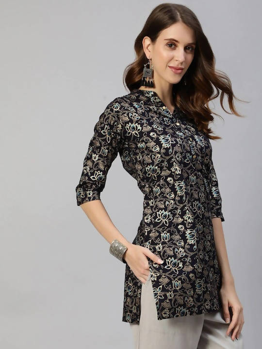 Anubhutee Navy Blue & Gold Ethnic Motifs Foil Printed Kurti | Swadesiicart