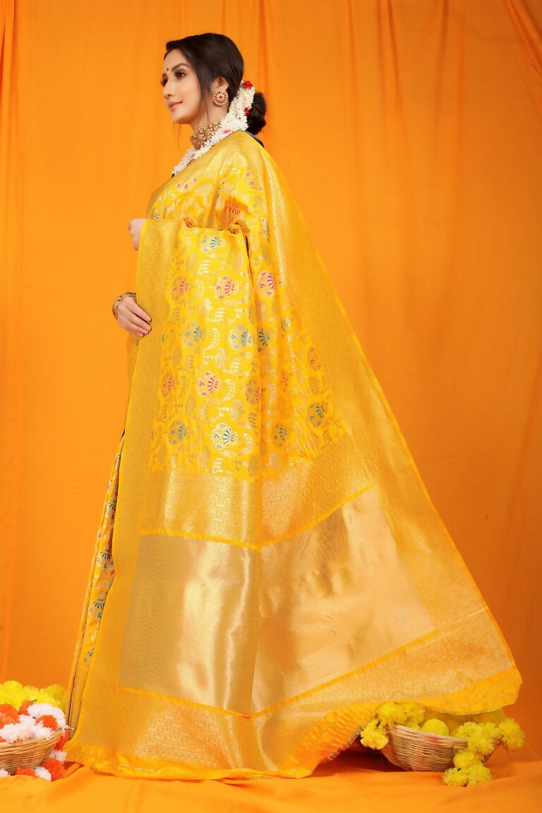 Jyoti Fashion Women's Yellow Kanjivaram Silk Zari Woven Saree with Blouse | Swadesiicart