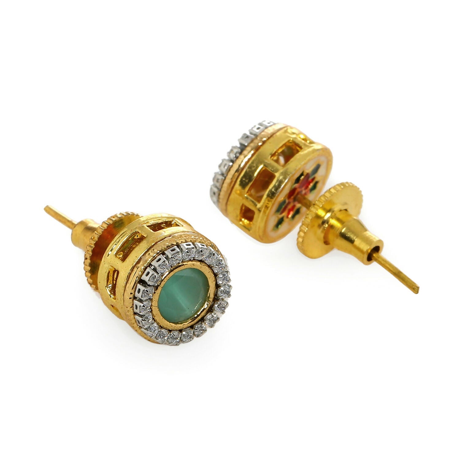 Green Round Daimond and Stone Studs (Green) - Ruby Raang | Swadesiicart