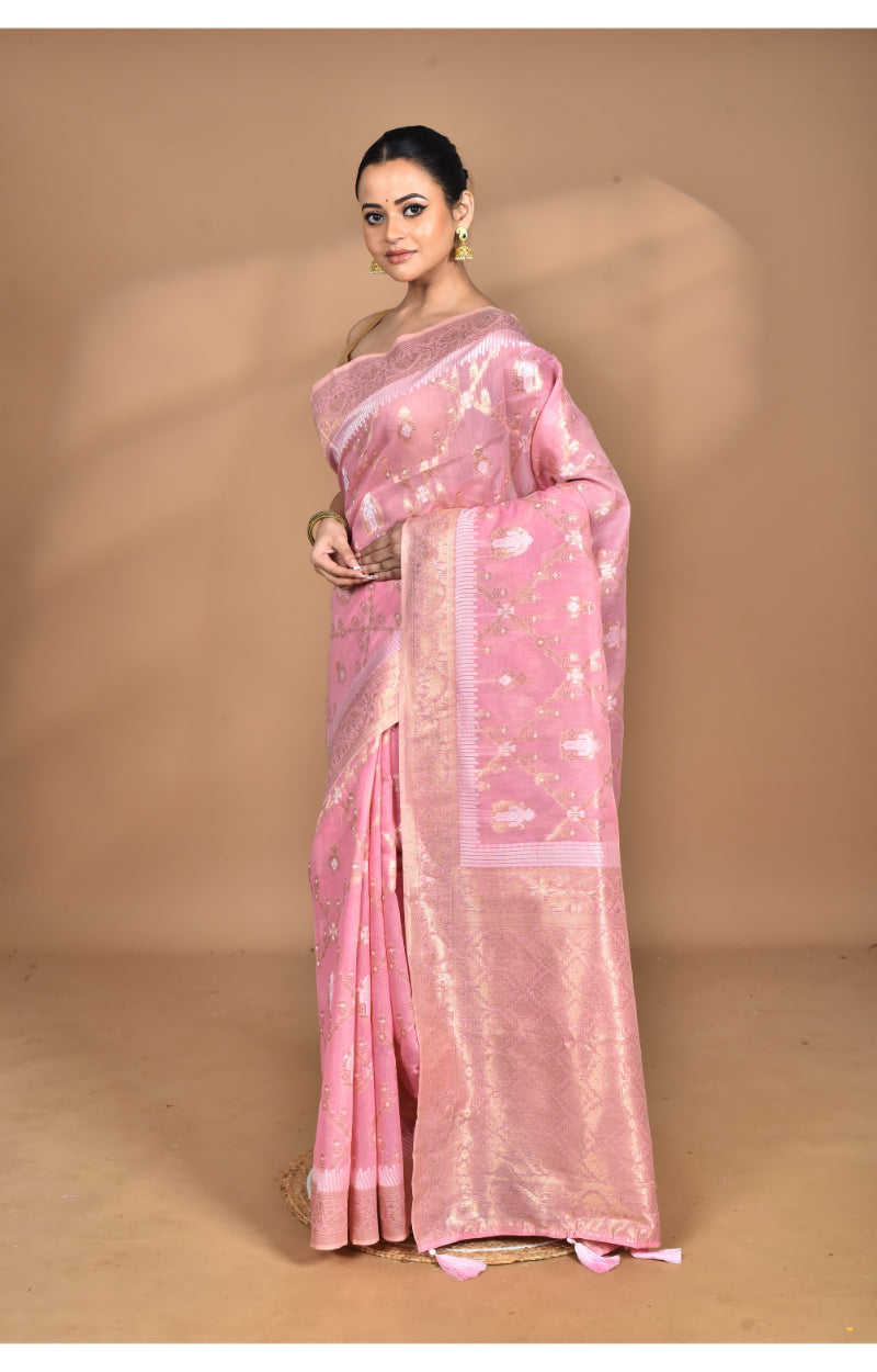 Morchari Banarasi Silk Chanderi Saree-Pink | Swadesiicart