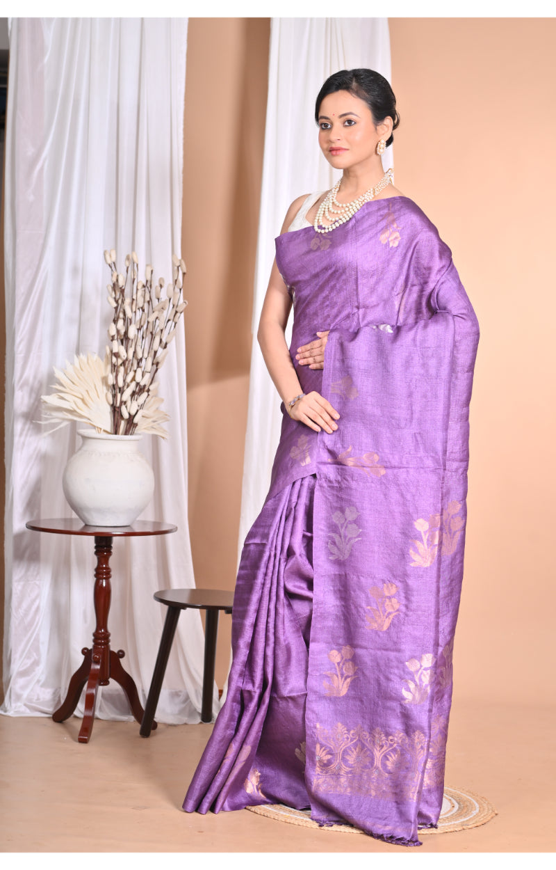 Morchari Pure Tussar Silk Handloom Saree-Purple | Swadesiicart