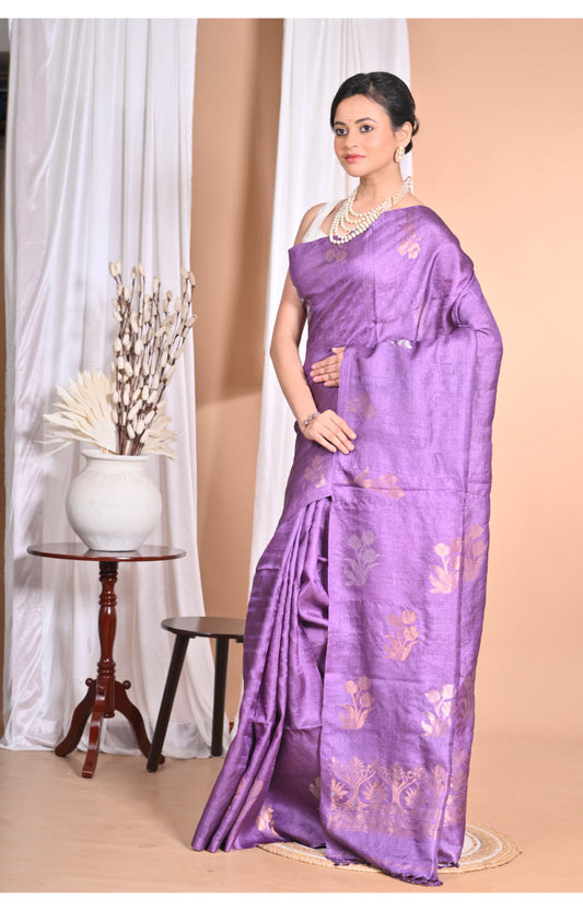 Morchari Pure Tussar Silk Handloom Saree-Purple | Swadesiicart