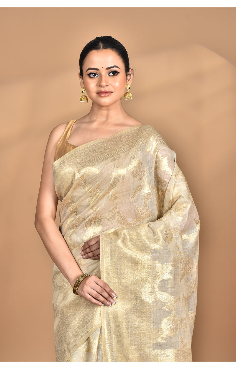 Morchari Banarasi Silk Chanderi Saree-Cream | Swadesiicart