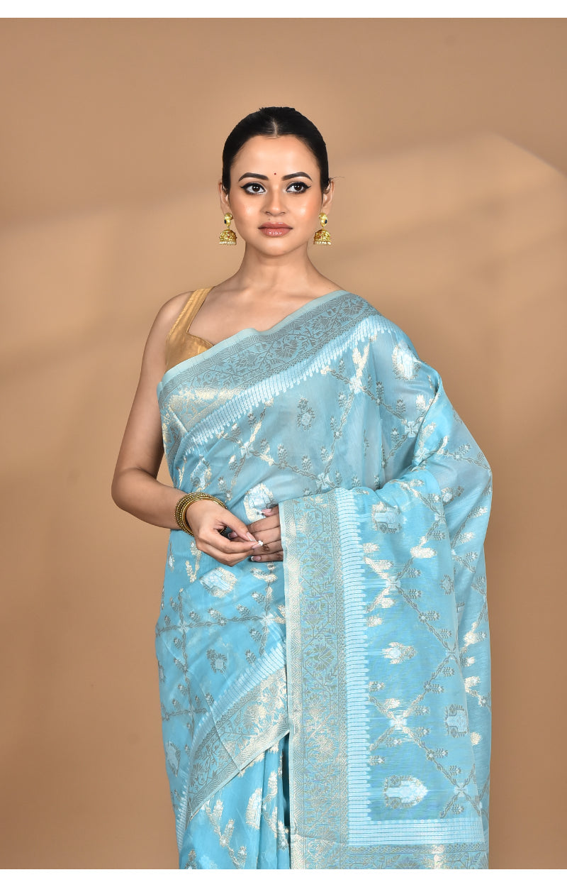 Morchari Banarasi Silk Chanderi Saree-Blue | Swadesiicart