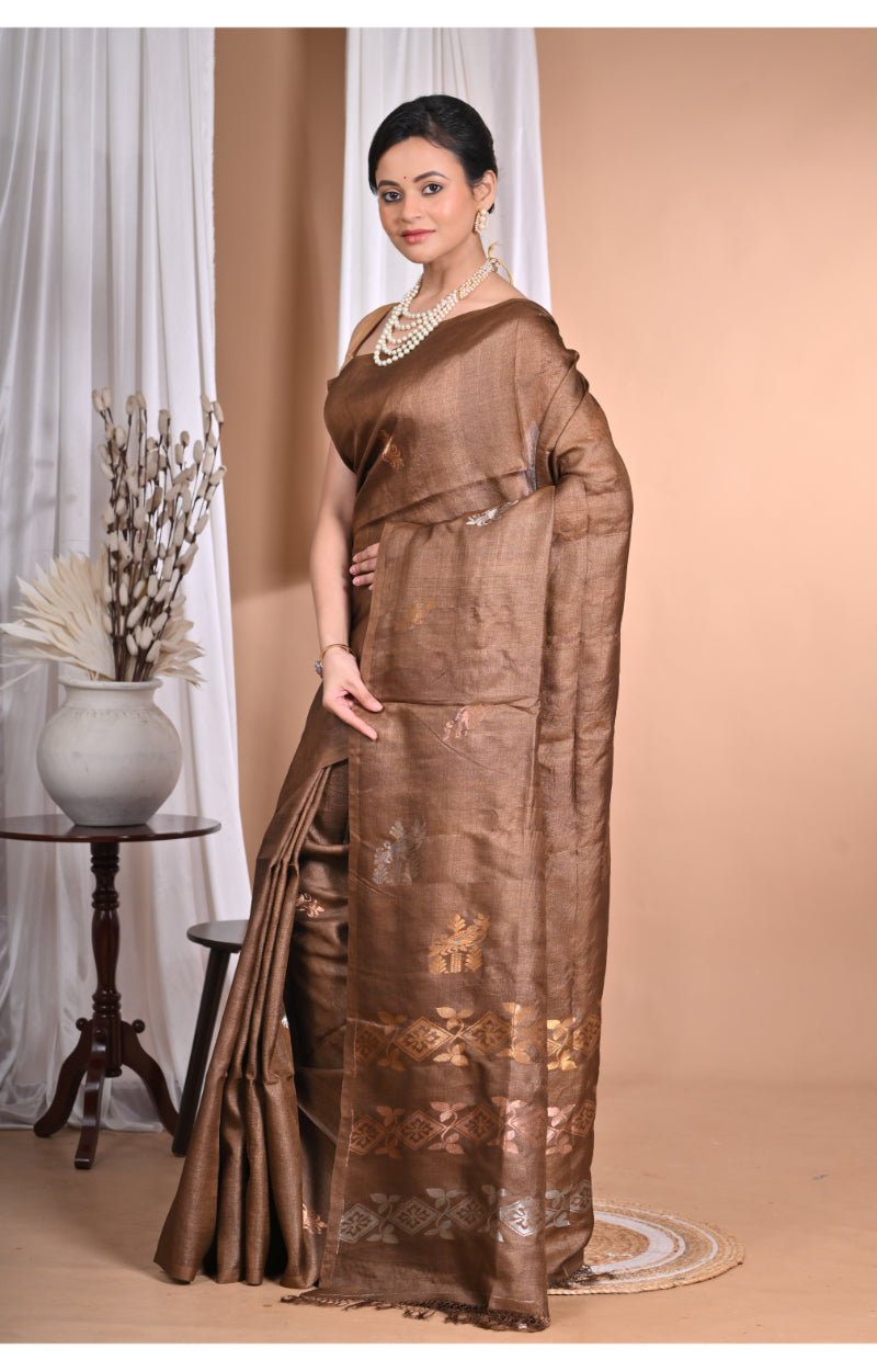 Morchari Pure Tussar Silk Handloom Saree-Coffee Brown | Swadesiicart