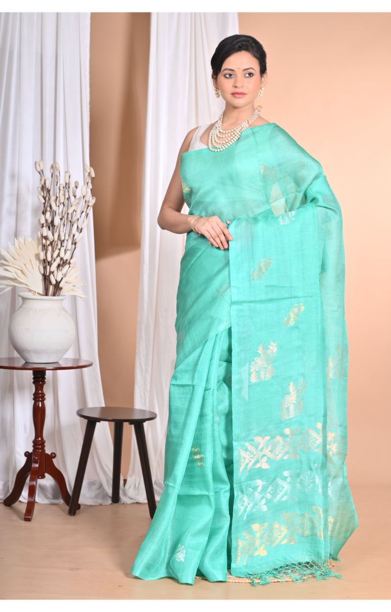 Morchari Pure Tussar Silk Handloom Saree-Green | Swadesiicart