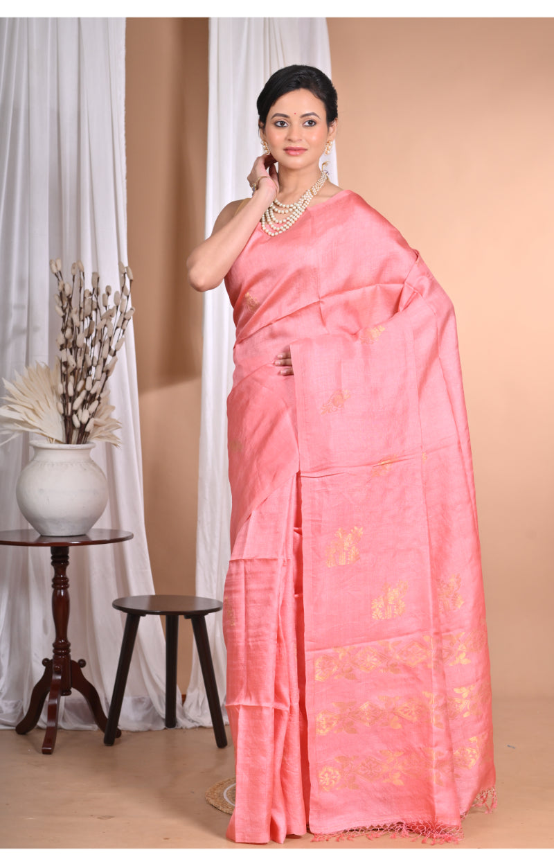 Morchari Pure Tussar Silk Handloom Saree-Pink | Swadesiicart