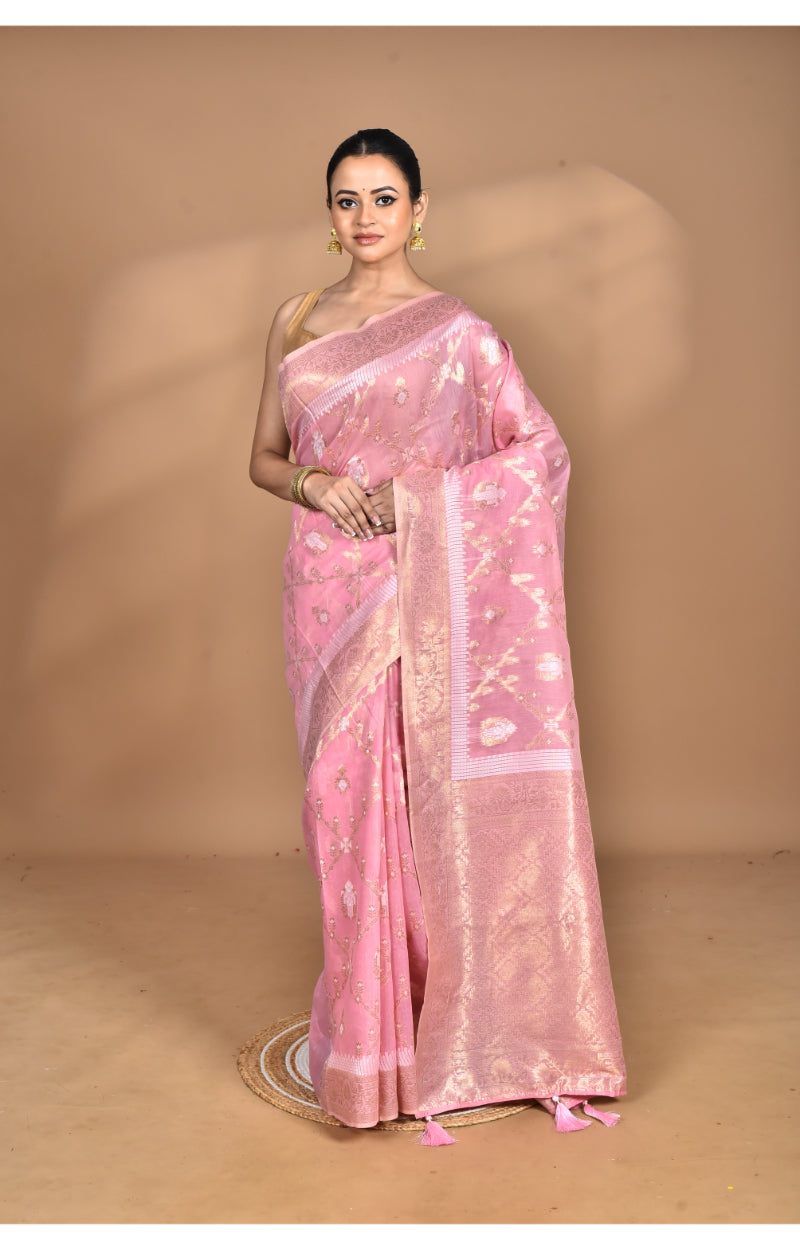 Morchari Banarasi Silk Chanderi Saree-Pink | Swadesiicart