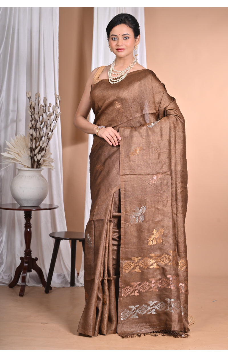 Morchari Pure Tussar Silk Handloom Saree-Coffee Brown | Swadesiicart