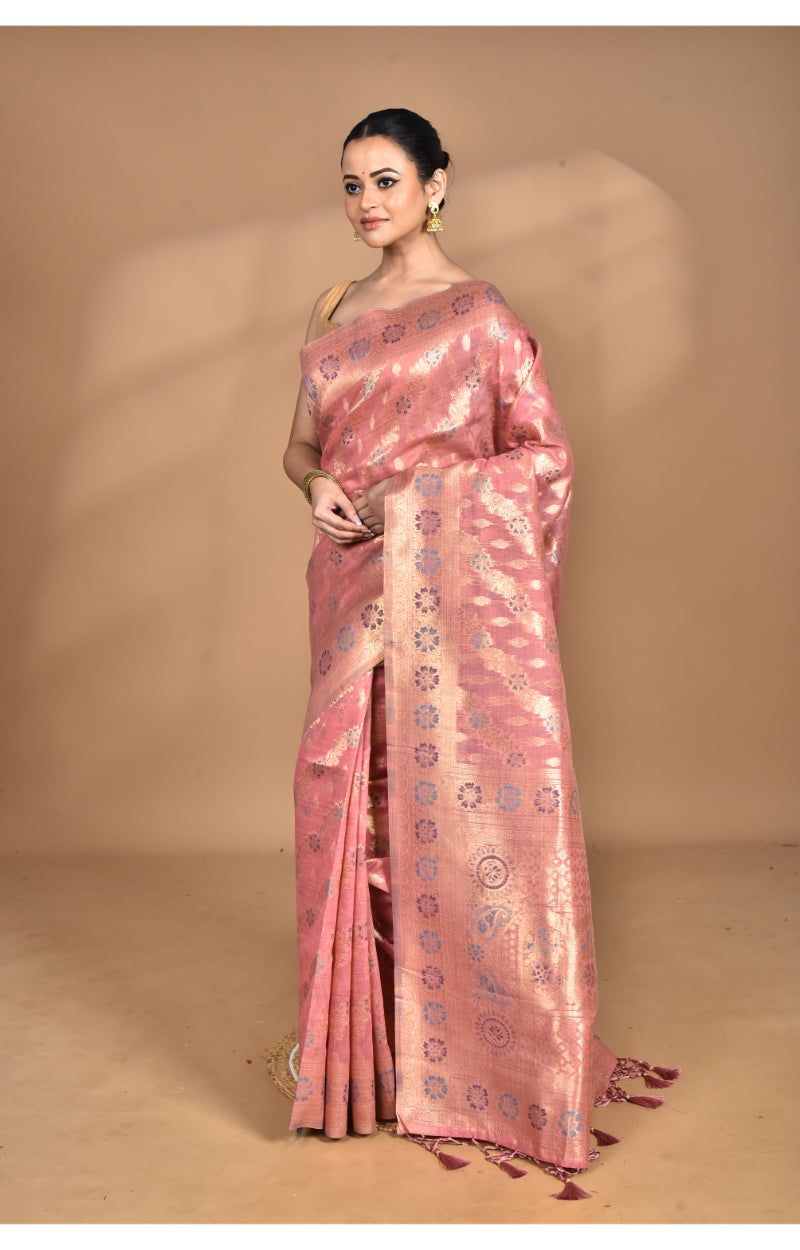 Morchari Banarasi Silk Chanderi Saree-Peach | Swadesiicart