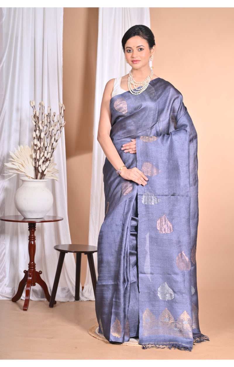 Morchari Pure Tussar Silk Handloom Saree-Grey | Swadesiicart