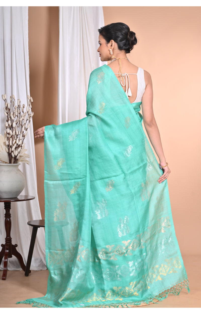 Morchari Pure Tussar Silk Handloom Saree-Green | Swadesiicart