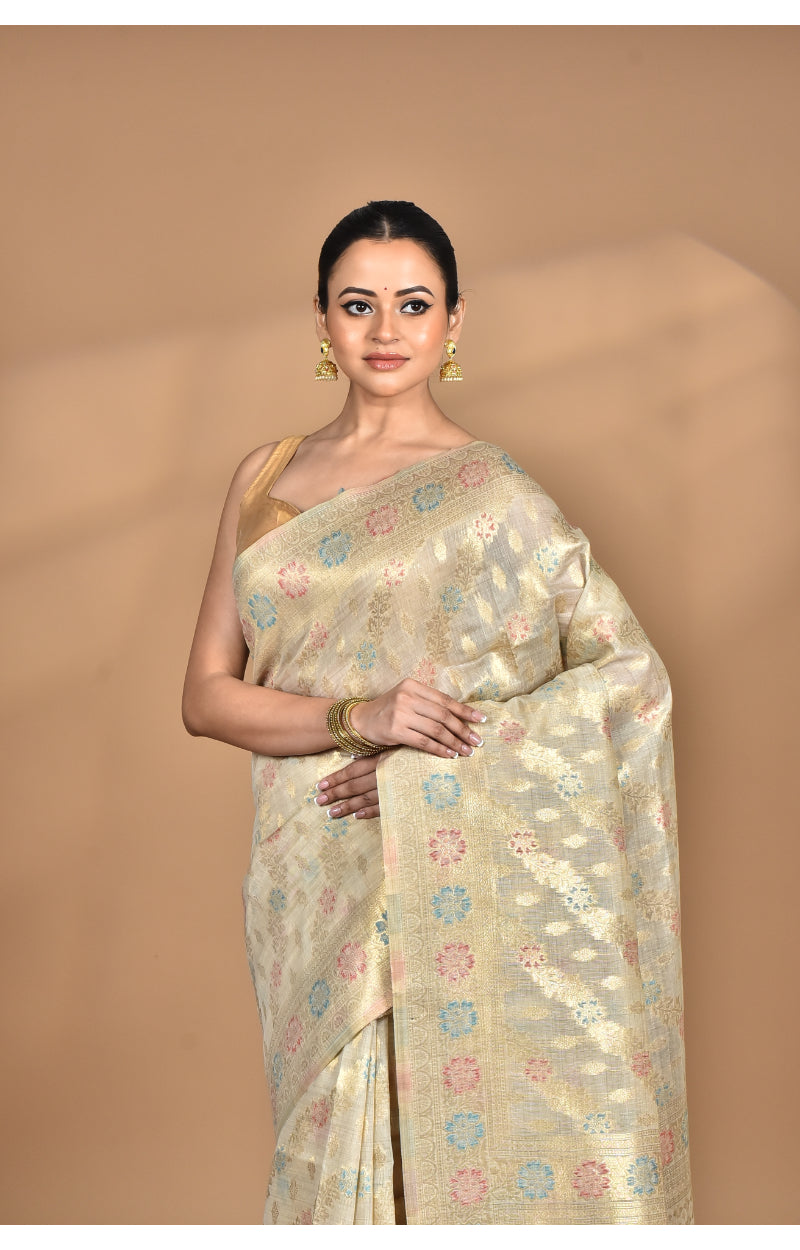 Morchari Banarasi Silk Chanderi Saree-Cream | Swadesiicart