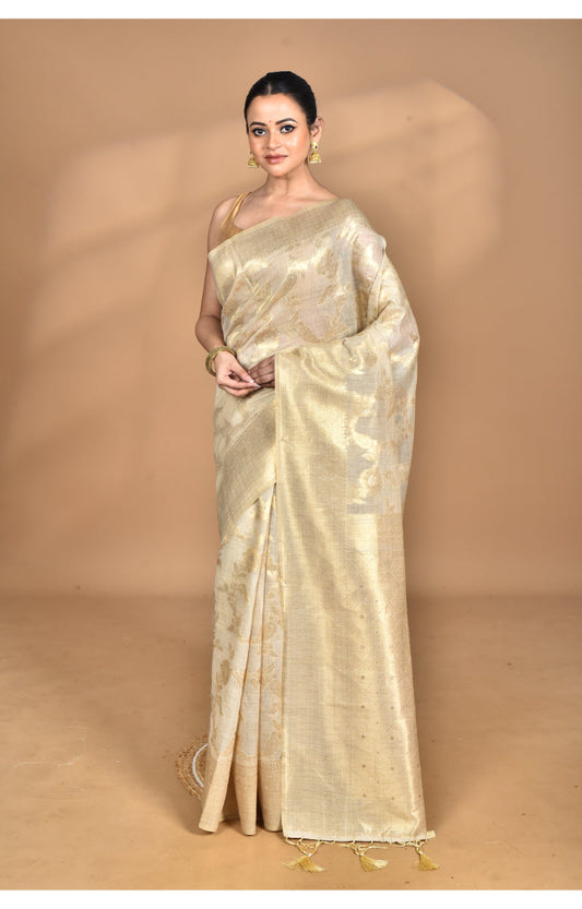 Morchari Banarasi Silk Chanderi Saree-Cream | Swadesiicart
