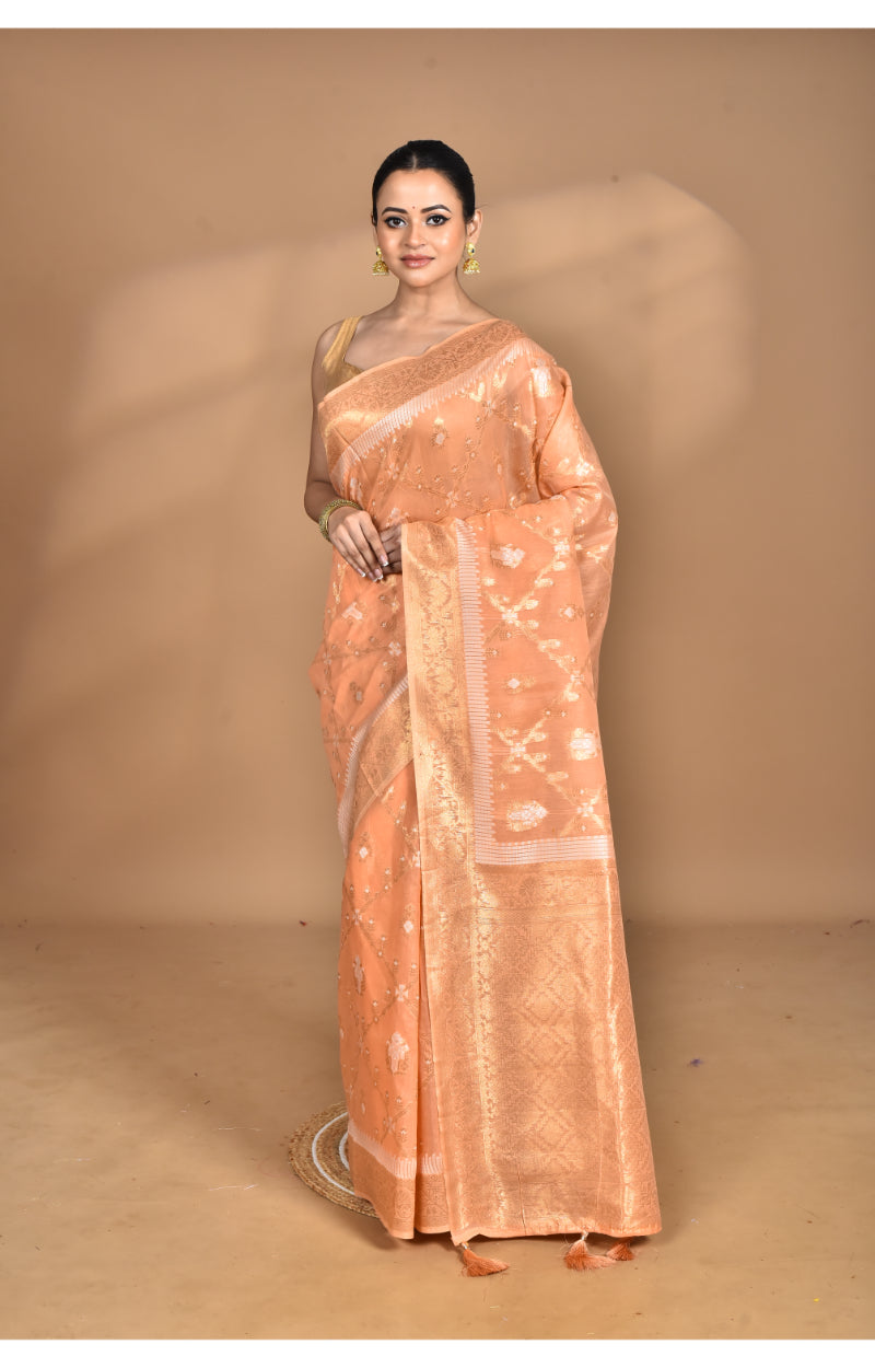 Morchari Banarasi Silk Chanderi Saree-Peach | Swadesiicart
