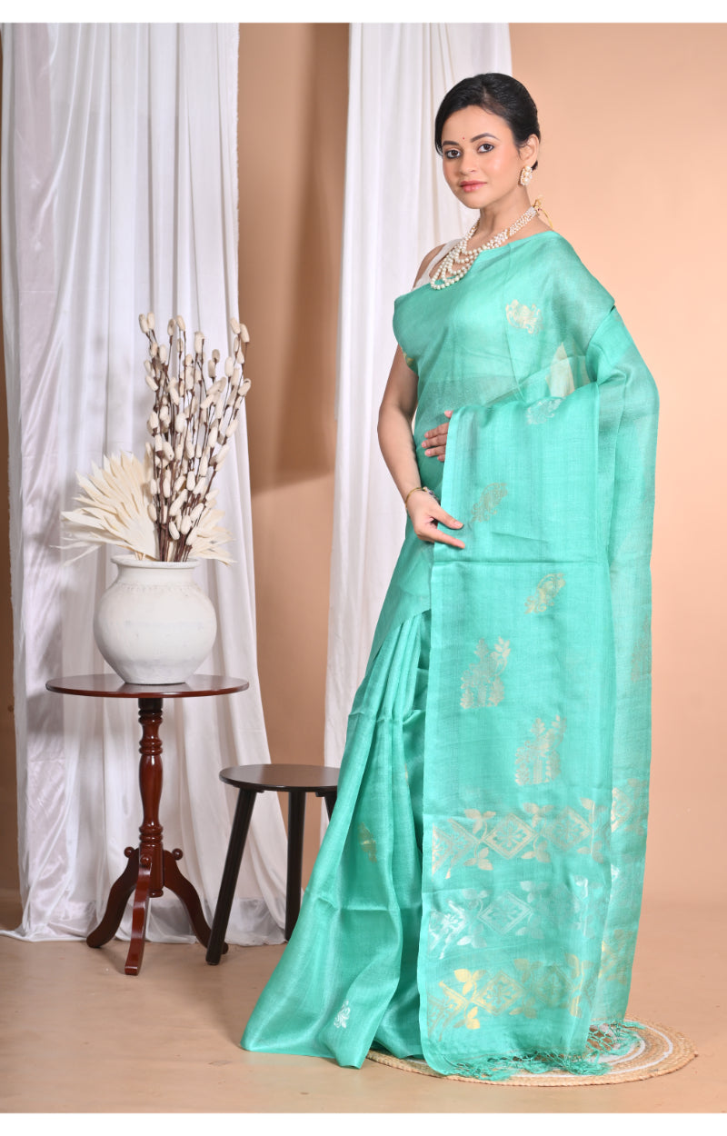 Morchari Pure Tussar Silk Handloom Saree-Green | Swadesiicart