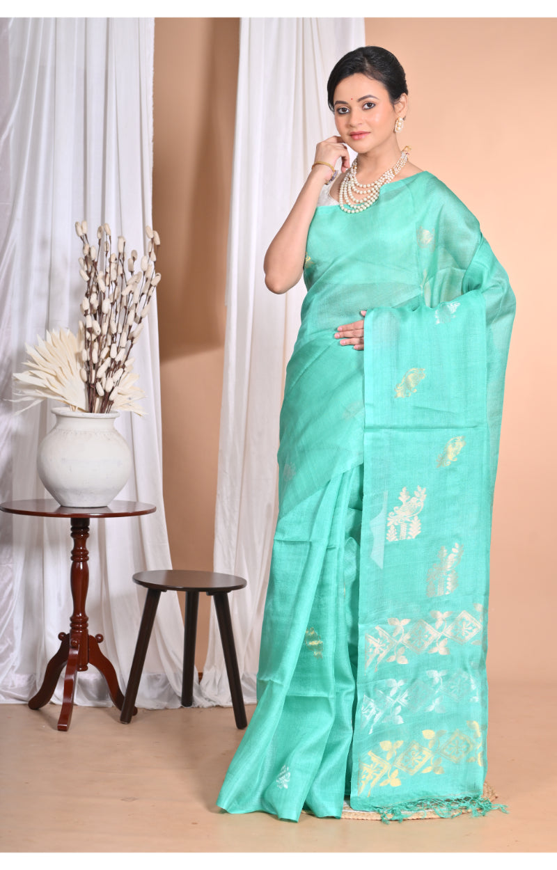 Morchari Pure Tussar Silk Handloom Saree-Green | Swadesiicart