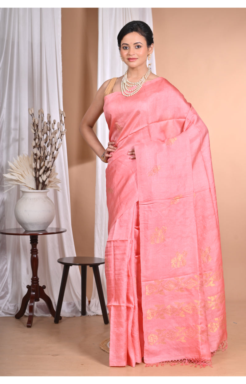Morchari Pure Tussar Silk Handloom Saree-Pink | Swadesiicart