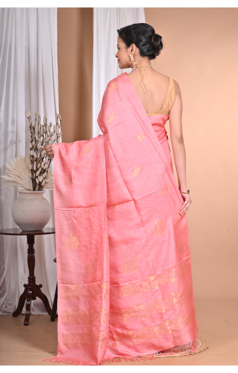Morchari Pure Tussar Silk Handloom Saree-Pink | Swadesiicart