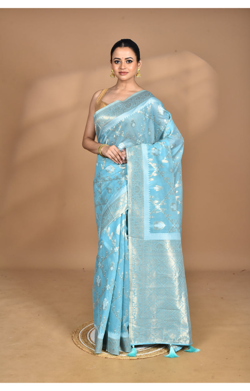Morchari Banarasi Silk Chanderi Saree-Blue | Swadesiicart