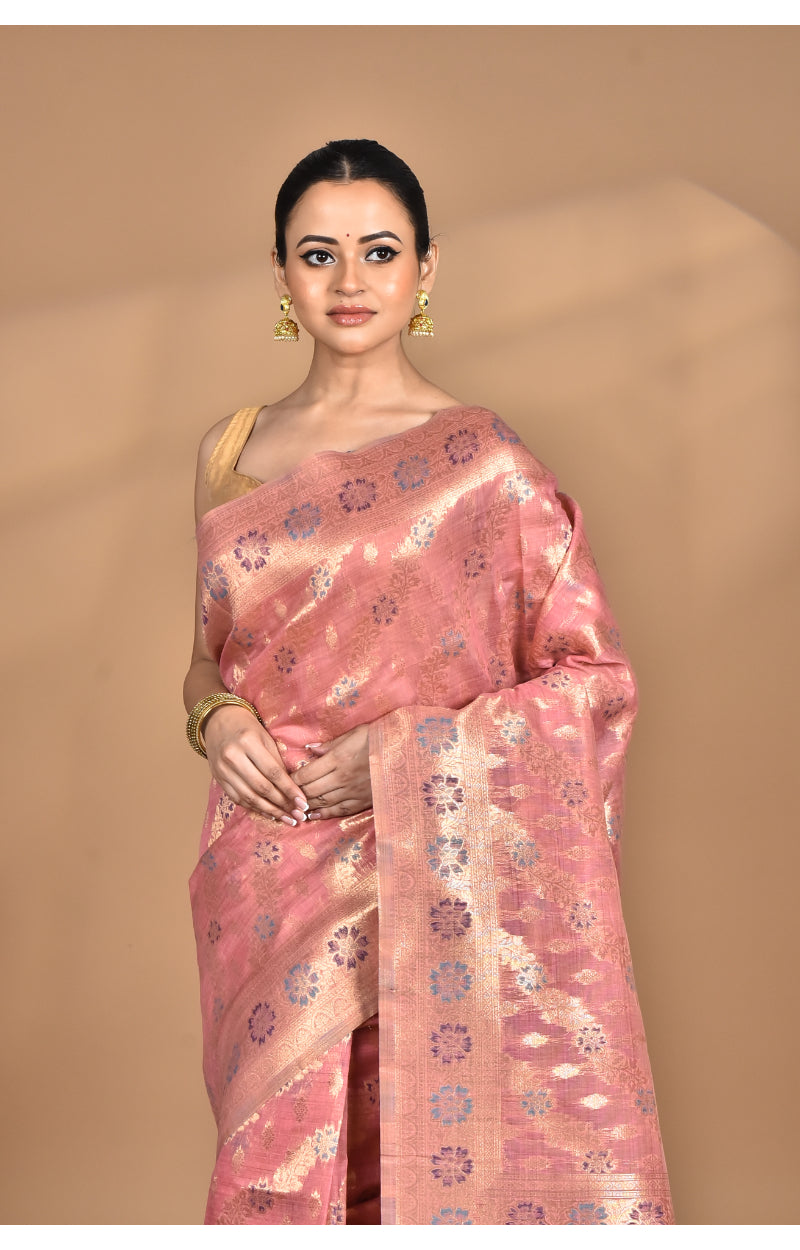 Morchari Banarasi Silk Chanderi Saree-Peach | Swadesiicart