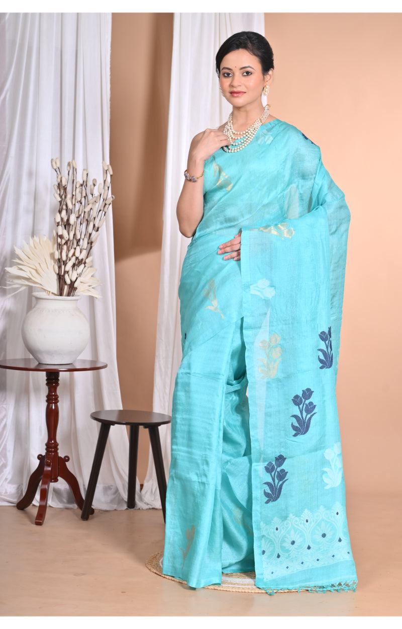 Morchari Pure Tussar Silk Handloom Saree-Blue | Swadesiicart
