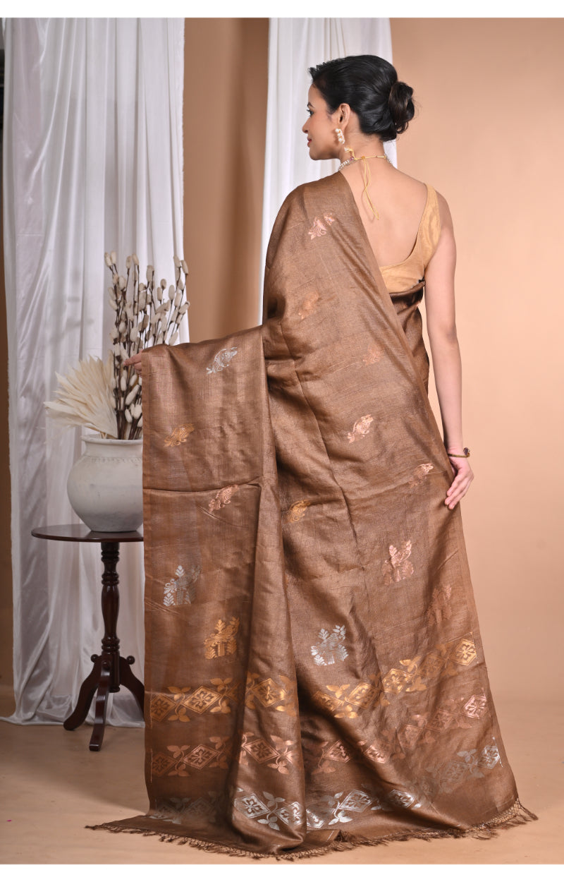 Morchari Pure Tussar Silk Handloom Saree-Coffee Brown | Swadesiicart