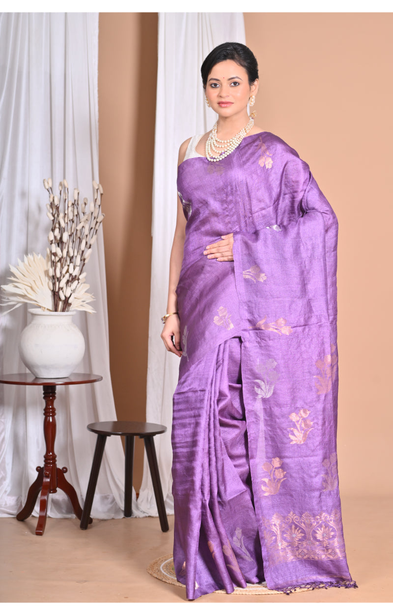 Morchari Pure Tussar Silk Handloom Saree-Purple | Swadesiicart