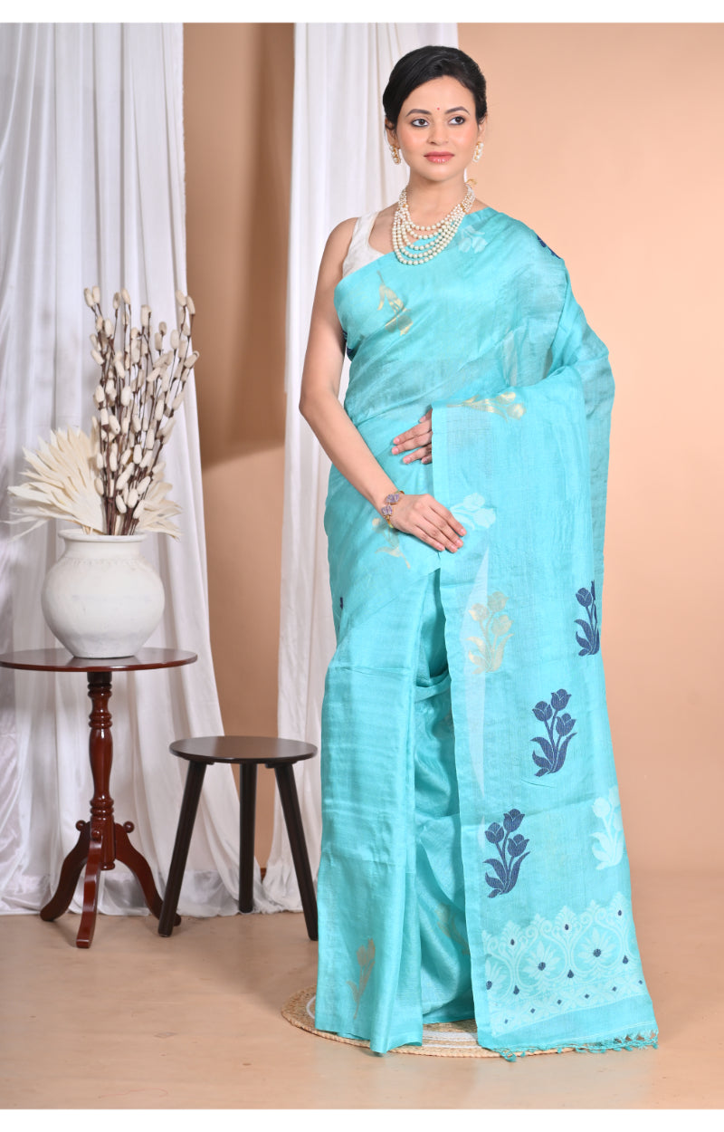 Morchari Pure Tussar Silk Handloom Saree-Blue | Swadesiicart