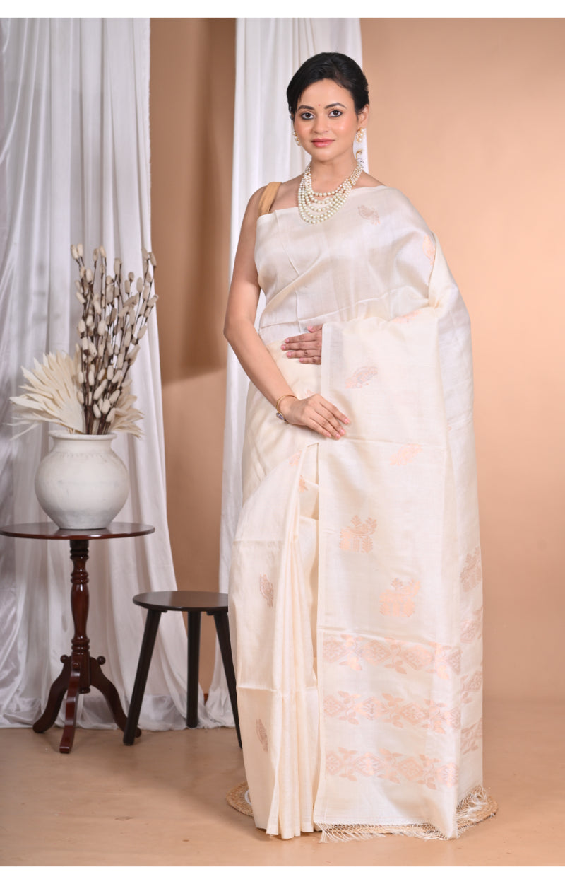 Morchari Pure Tussar Silk Handloom Saree-Cream | Swadesiicart
