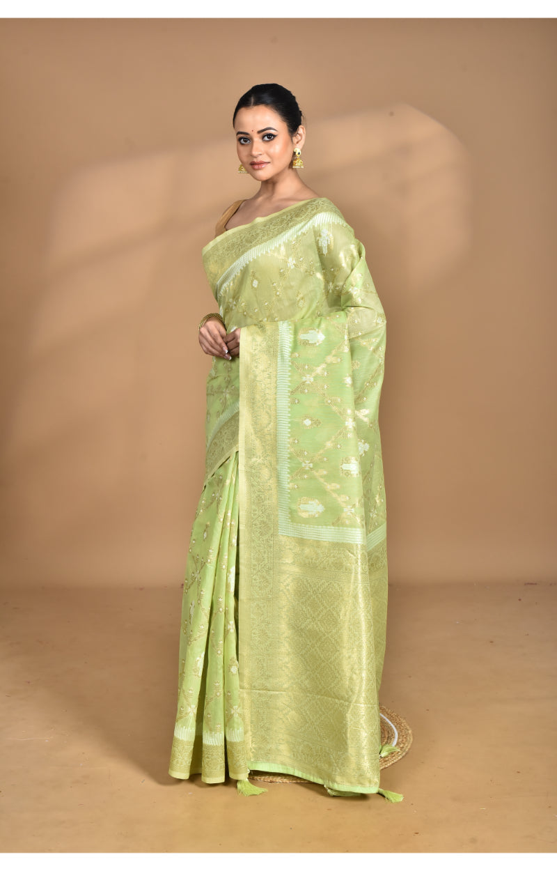 Morchari Banarasi Silk Chanderi Saree-Green | Swadesiicart