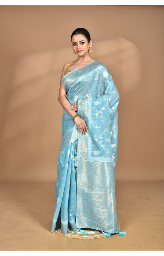 Morchari Banarasi Silk Chanderi Saree-Blue | Swadesiicart