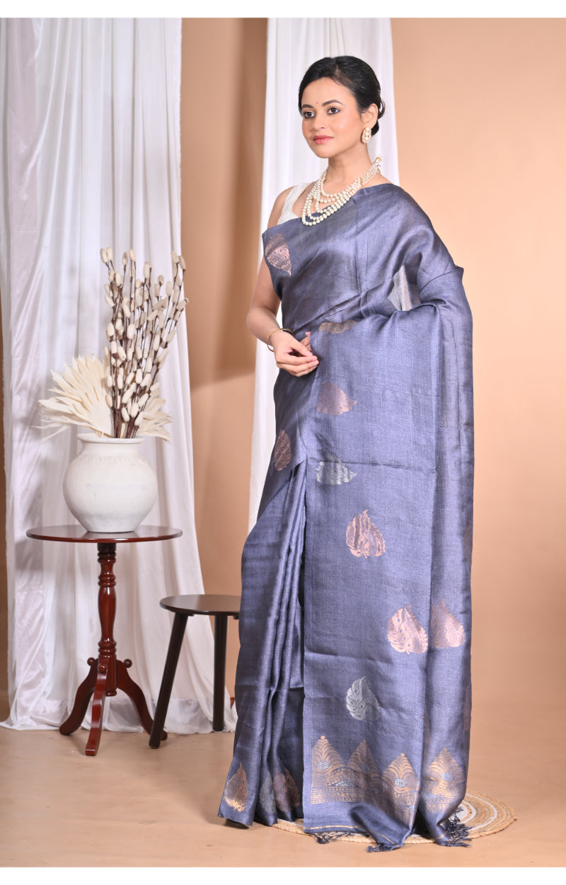 Morchari Pure Tussar Silk Handloom Saree-Grey | Swadesiicart